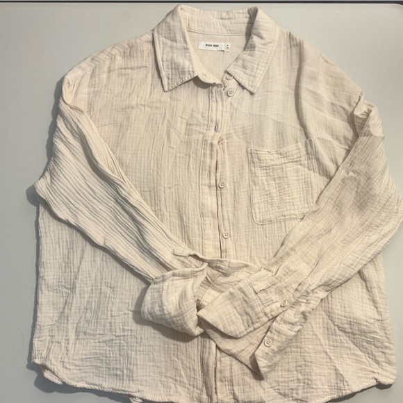 Mod Ref 100% Cotton Button Shirt Women’s Beige Cream Top Casual Minimalist S - Picture 1 of 3